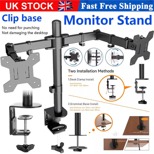 Double Twin Arm Desk Mount Bracket LCD Computer Monitor Stand 13”-27” Screen TV